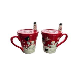 2 St. Nicholas Square Tree Lot Coffee Mug Cups Snowman Christmas 3D With Lids